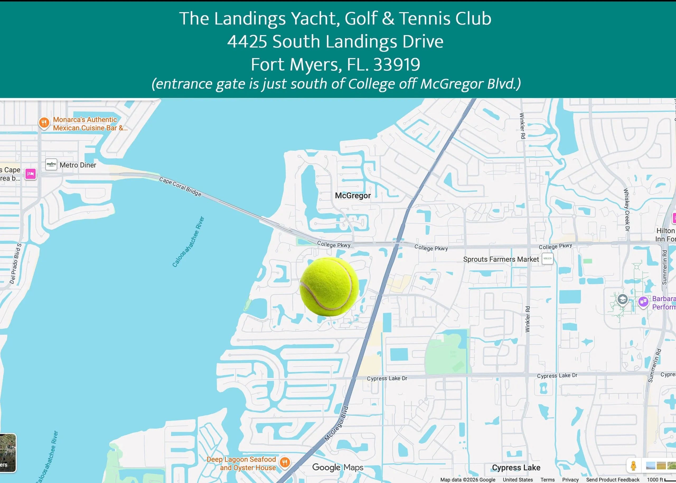 Map showing The Landings Yacht, Golf & Tennis Club at 4425 South Landings Drive, Fort Myers, FL 33919
